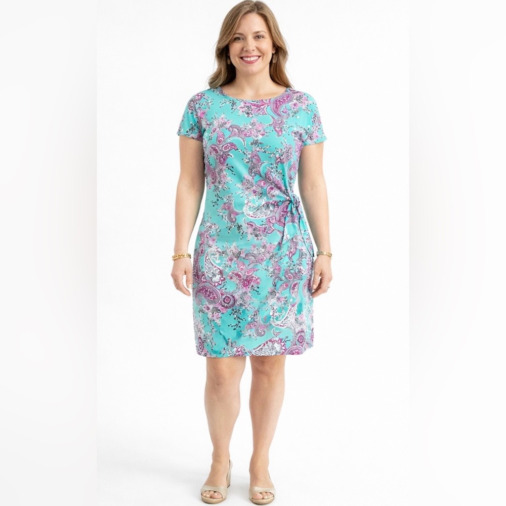 Signature by Robbie Bee Paisley Short Sleeve Faux Wrap Dress W/ Tie Waist Size L